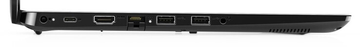 Vänster sida: Nätadapter, USB 3.2 Gen1 Typ C, HDMI, Gigabit Ethernet, 2x USB 3.2 Gen 1 Typ A, 3.5 mm kombinerad anslutning för hörlurar och mikrofon