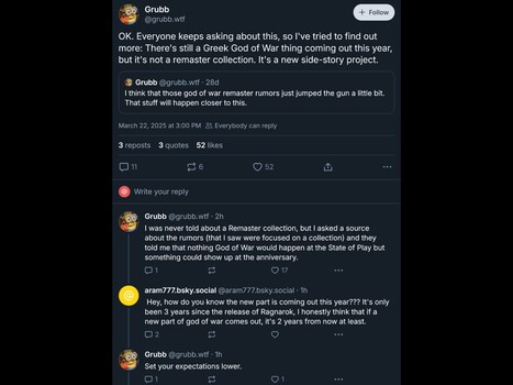 Jeff Grubb nytt God of War-spel BlueSky-post (Bildkälla: skärmdump, grubb.wtf BlueSky-konto)