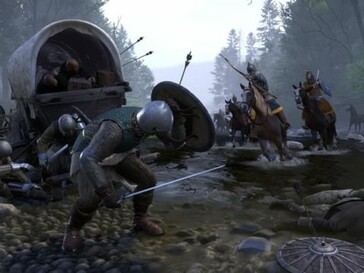 Stridsscen från Kingdom Come: Deliverance som visar pansarsoldater i bakhåll nära en vagn i grunt vatten.