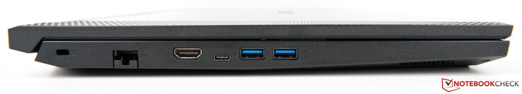 Vänster: Kensington-låsplats, RJ45 Ethernet, HDMI, USB Typ C, 2x USB 3.0 Typ A