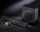 Denna högtalarkonfiguration för skrivbordet kostar cirka 548 dollar i Kina. På bilden: en reklambild som visar soundbaren, bashögtalaren och fjärrkontrollen.