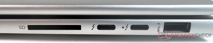 Höger: 1x SuperSpeed USB Type-A 10 Gbit/s, 2x Thunderbolt 4 med USB 4 Type-C 40 Gbit/s överföringshastighet (USB-strömförsörjning, DisplayPort 1.4, HP Sleep and Charge), 1x SD-kortläsare