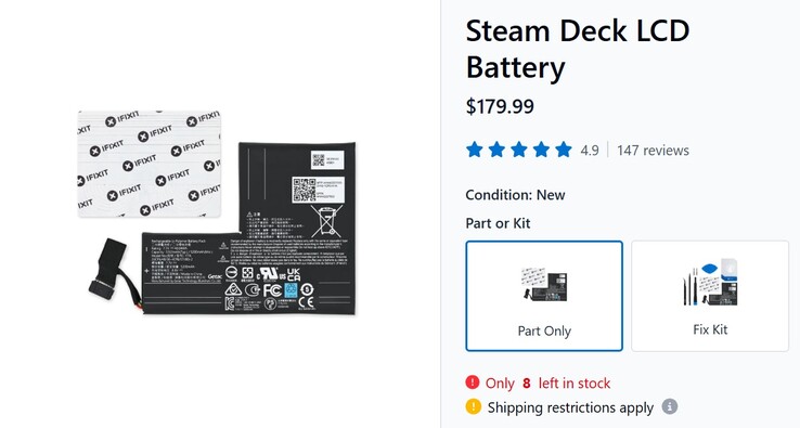 Steam Decks LCD-batteri listat på iFixit.