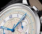 Närbild på den krämfärgade urtavlan på Timex Marlin Neo Classic Chronograph, med blå visare och arabiska siffror, röda takymetermarkeringar och en blå telemeterskala längs ytterkanten.