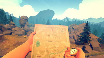 Bild från spelet Firewatch som visar en karta och en kompass. (Bildkälla: Steam)