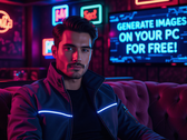 AI-genererad bild av en man i en neonbelyst cyberpunk-jacka som sitter i en soffa på en elegant klubb. På en TV bakom honom står det: "GENERERA BILDER PÅ DIN PC GRATIS." (Bildkälla: AI Generated)