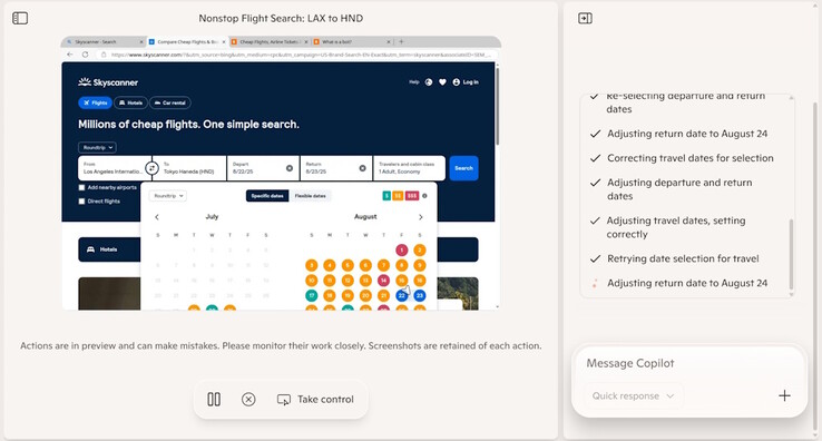 AI:n som driver Copilot Mode för Edge behöver fortfarande förbättras eftersom den inte kunde välja ett datumintervall när den sökte efter tillgängliga flyg under en kort testning. (Bildkälla: Notebookcheck)