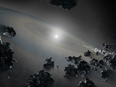 En illustration som visar ett stort antal asteroider.