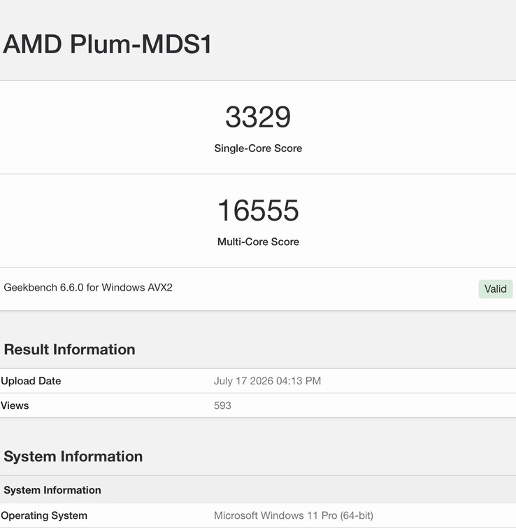 Bilden visar Geekbench 6-resultaten för det läckta Zen 6-prototypen.
