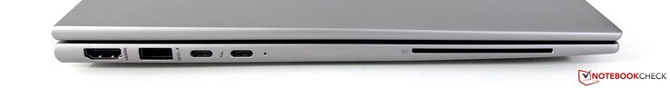 Vänster: HDMI 2.1, USB-A 3.2 Gen.1 (5 GBit/s, strömförsörjd), 2x USB-C 4.0 med Thunderbolt 4 (40 GBit/s, DisplayPort-ALT-läge 1.4, Power Delivery 3.0), SmartCard-läsare