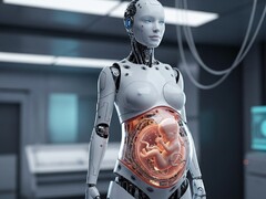 En robot som bär ett mänskligt foster i en konstgjord livmoder (Bildkälla: AI-genererad illustrativ bild)