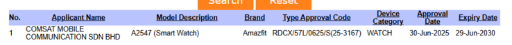 En skärmdump av SIRIM-databasen som visar en Amazfit smartwatch med modellnummer A2547. (Bildkälla: SIRIM)