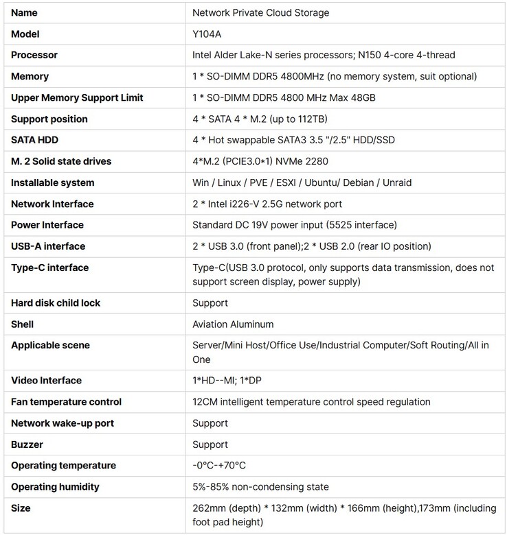 Fullständiga specifikationer för MaiYunda Y104A NAS (Bildkälla: Alibaba)