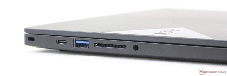 Vänster: Kensington-lås, USB-C 3.2 Gen. 2, USB-A 3 Gen. 1, SD-kortläsare, 3.5 mm ljudanslutning