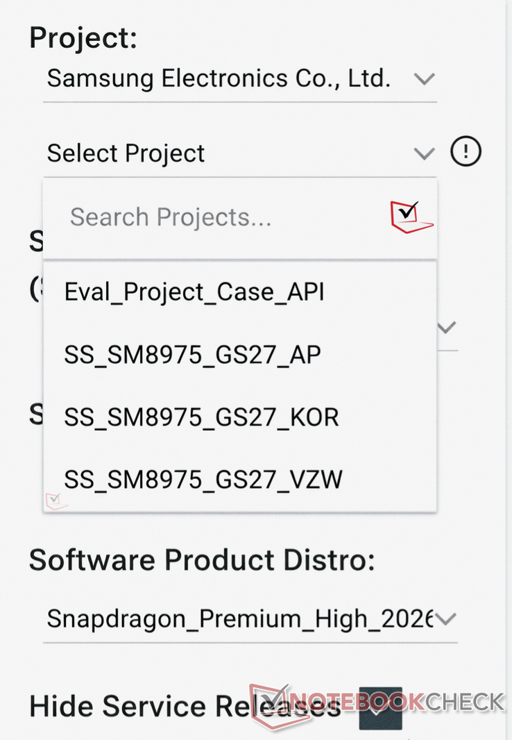 Samsung-projektlistan som visar de regioner där SM8975 för närvarande testas