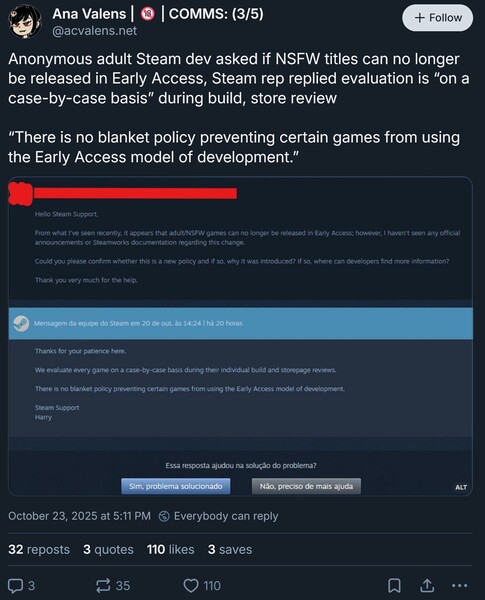 Steam-svar på begäran om tidig åtkomst till vuxenspel (skärmdump, Ana Valens Bluesky-konto)