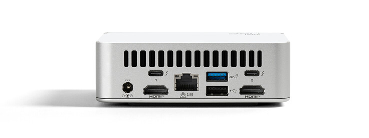 Baksida: strömanslutning, 2x Thunderbolt 4, 1x USB 3.1, 1x USB 2.0, LAN 2,5G, 2x HDMI 2.1 (bildkälla: Intel)