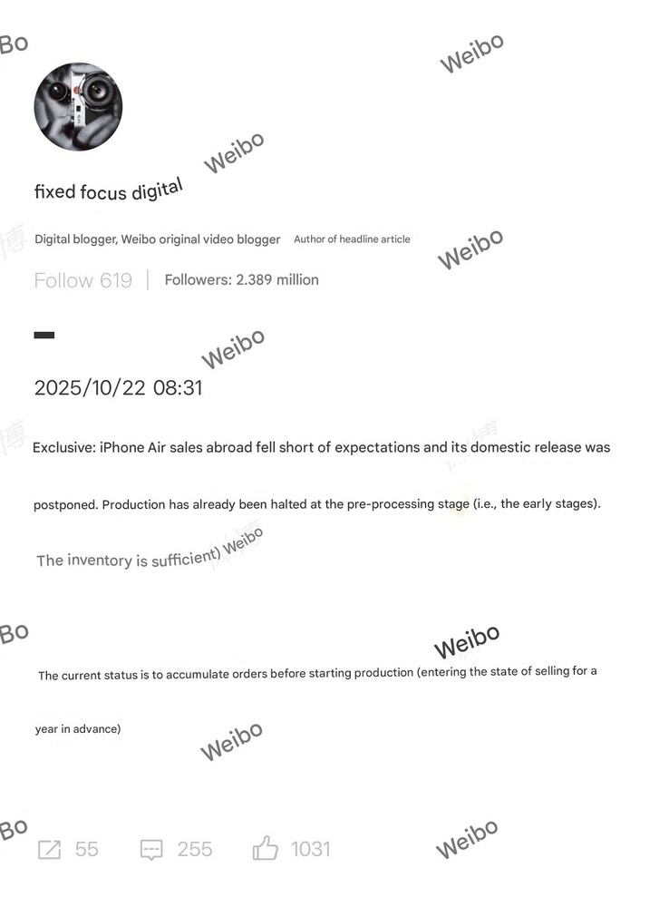 Efterfrågan på IPhone Air har inte nått upp till förväntningarna utanför Kina. (Bildkälla: Weibo)