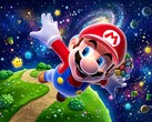 3D Mario flyger i en kuliss med Super Mario Galaxy-tema