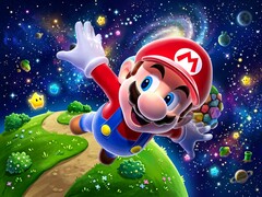 3D Mario flyger i en kuliss med Super Mario Galaxy-tema
