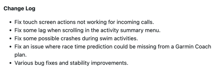 Programversion 27.09 changelog för andra Garmin Forerunner smartklockor. (Bildkälla: Garmin)