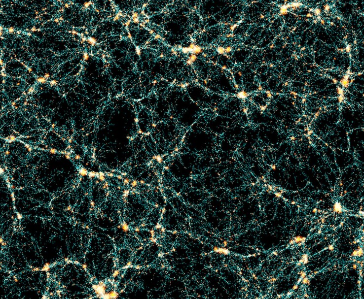 En datorsimulering av den kosmiska webben, som visar en storskalig struktur i universum med ljusa galaxhopar förbundna med tunna trådar av mörk materia och gas mot en mörk bakgrund. (Bildkälla: Euclid Consortium Press Release)