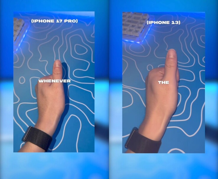 jämförelse mellan iPhone 17 Pro och iPhone 13 flash visar skugga på tummen i 17 Pro-bilden. (Bildkälla: marcustechnology via Instagram)