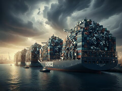 747.000 ton elavfall återvanns i Tyskland för utvinning av värdefulla råvaror. Detta motsvarar den enorma lastkapaciteten hos sju av världens största containerfartyg. (Bild: Google Gemini AI)