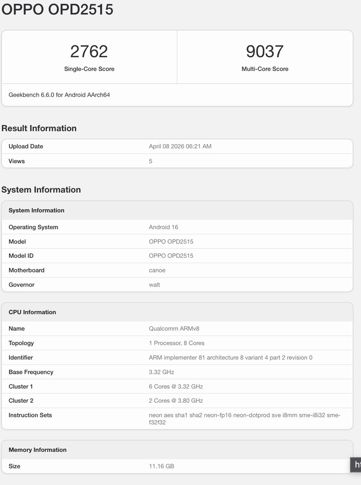 Geekbench-listning av kommande Oppo-enhet.