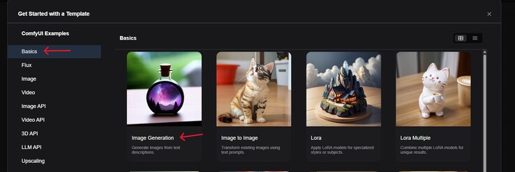 En skärmdump av Workflow-hubben i ComfyUI med Basics och Image Generation markerade. (Bildkälla: Windows Screen Capture)