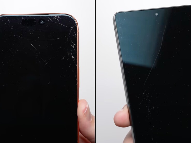 Framsidan av iPhone 17 Pro Max (vänster) och Galaxy S25 Ultra (höger) efter ett falltest på 1 meter. (Bildkälla: PhoneBuff på YouTube, skärmdump)