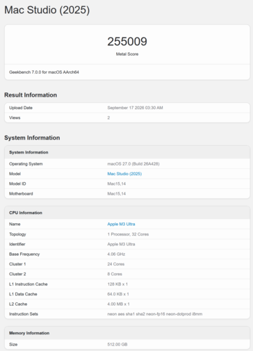 Apple M3 Ultra Geekbench GPU-resultat