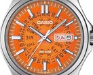 En närbild av den orangefärgade MTP-E740-4AV med sin genomskinliga urtavla som avslöjar dag- och visningshjulen under.
