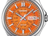 En närbild av den orangefärgade MTP-E740-4AV med sin genomskinliga urtavla som avslöjar dag- och visningshjulen under.  