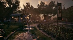 En detaljerad utomhusmiljö från Mukti, som visar upp atmosfärisk belysning och miljödesign i museimiljö (Bildkälla: Muktis officiella webbplats)