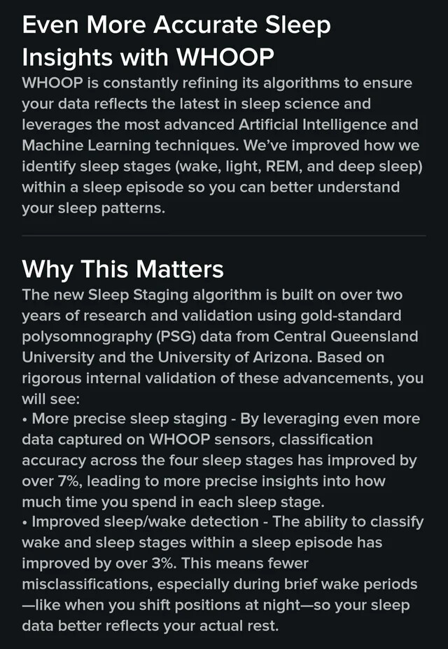 Whoop ger ytterligare information om sin uppdatering av algoritmen för sömnstadier i sin app. (Bildkälla: U/magony via Reddit)