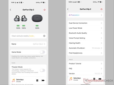 EarFun Audio app visar Clip 2 hemsida och inställningar.