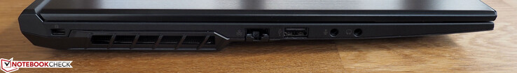 Vänster: Kensington-lås, Luftinsläpp, RJ45-LAN, USB 2.0 Typ A, Mikrofonjack, Hörlursjack