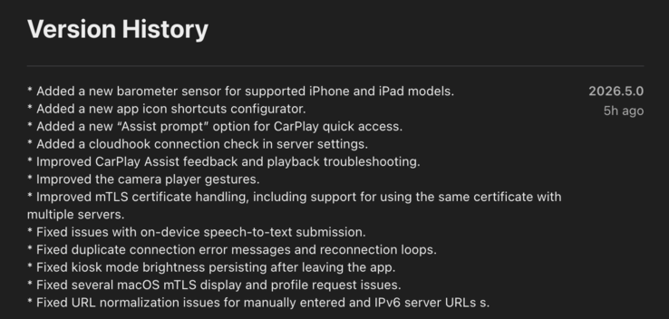 Releaseanteckningar för iOS-appen Home Assistant version 2026.5