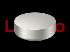 Lenovo Yoga Mini i minidator, avbildad mot en svart bakgrund med Lenovo-logotypen ovanpå. (Bildkälla: Lenovo - redigerad)