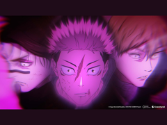 Jujutsu Kaisen säsong 3 öppningssekvens med Yuji Itadori flankerad av nyckelkaraktärer, visad i en stiliserad lila-tonad bild. (Bildkälla: Mappa, Crunchyroll)