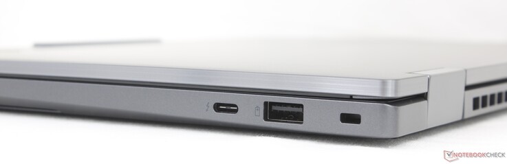 Höger: USB-C Thunderbolt 4 med DisplayPort 2.1 + Power Delivery (65 W), USB-A (5 Gbps), Kensington-lås