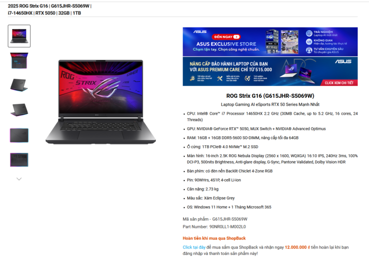 Specifikationer för Asus ROG Strix G16 RTX 5050-variant (bildkälla: Asus)
