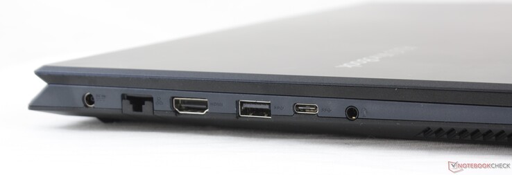 Vänster: AC-adapter, RJ-45 (Gigabit), HDMI, USB-A 3.0, USB-C 3.1 Gen. 1