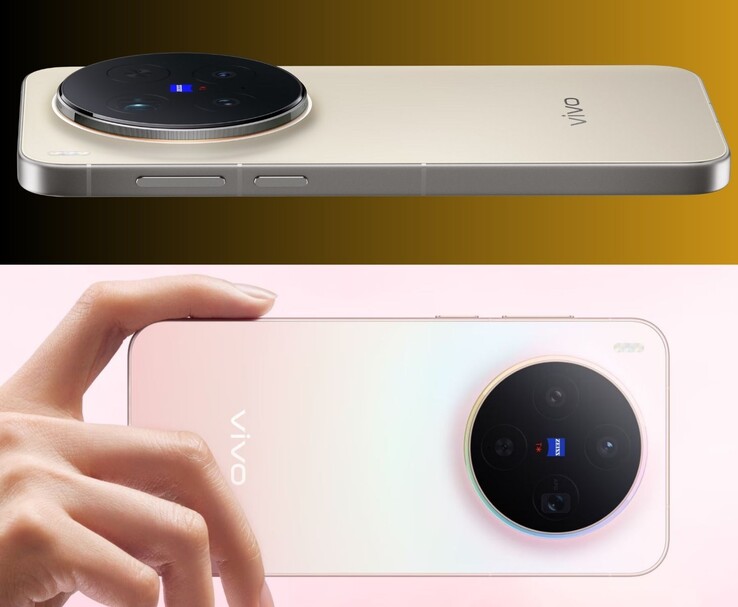 Vivo X300 Pro (överst) och X300 (nederst) visar guld och rosa finish med cirkulära Zeiss kameramoduler (Bildkälla: Vivo)