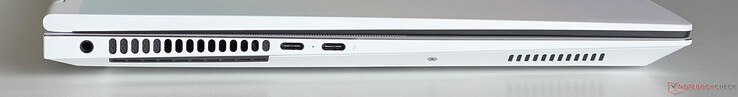 Vänster: 3,5 mm ljud, USB-C 3.2 Gen.2 (10 GBit/s, DisplayPort ALT-läge, Power Delivery), USB-C 4.0 med Thunderbolt 4 (40 Gbit/s, DisplayPort ALT-läge, Power Delivery)