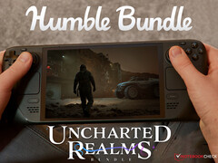 Uncharted Realms-paketet kommer att vara aktivt till och med den 23 augusti 2025. På bilden: Steam Deck som kör Fort Solis. (Bildkälla: Notebookcheck, Steam, and Humble Bundle - redigerad)