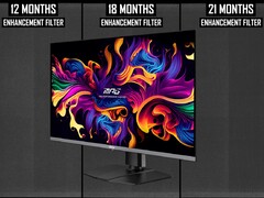 MSI MPG 321URX är en 32-tums 4K QD-OLED gamingmonitor med en uppdateringsfrekvens på 240 Hz. (Bildkälla: MSI, Monitors Unboxed på YouTube, redigerad)