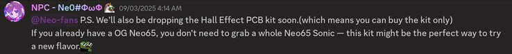 QwertyKeys bekräftar HE PCB kit för QwertyKeys Neo65-serien. (Bildkälla: QwertyKeys på Discord)