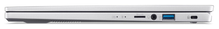 Höger sida: MicroSD-kortläsare, ljudkombination, USB 3.2 Gen 1 (USB-A), plats för ett Kensington-lås